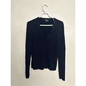 'S Max Mara Black Ribbed V Neck Button‎ Up Long Sleeve Sweater Top L